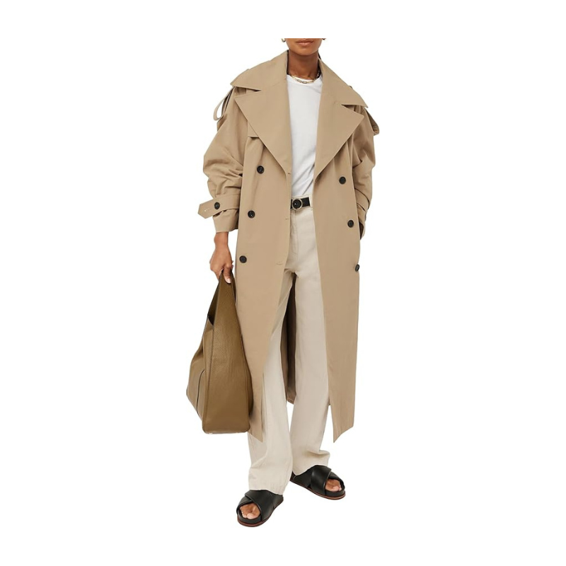 Oversized Long Trench Coat Double Breasted Lapel Windproof Overcoat with Belt