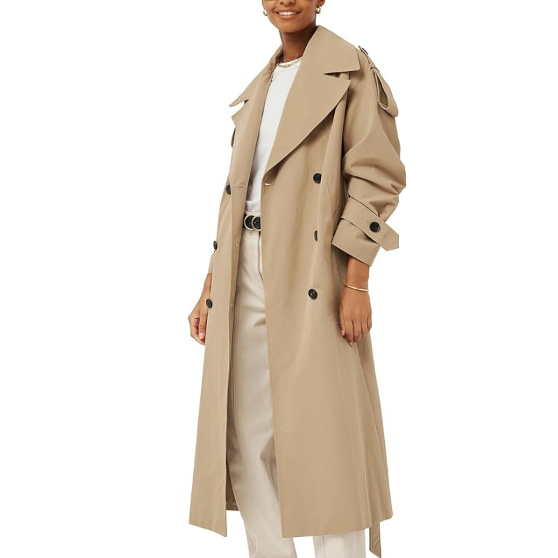 Oversized Long Trench Coat Double Breasted Lapel Windproof Overcoat with Belt